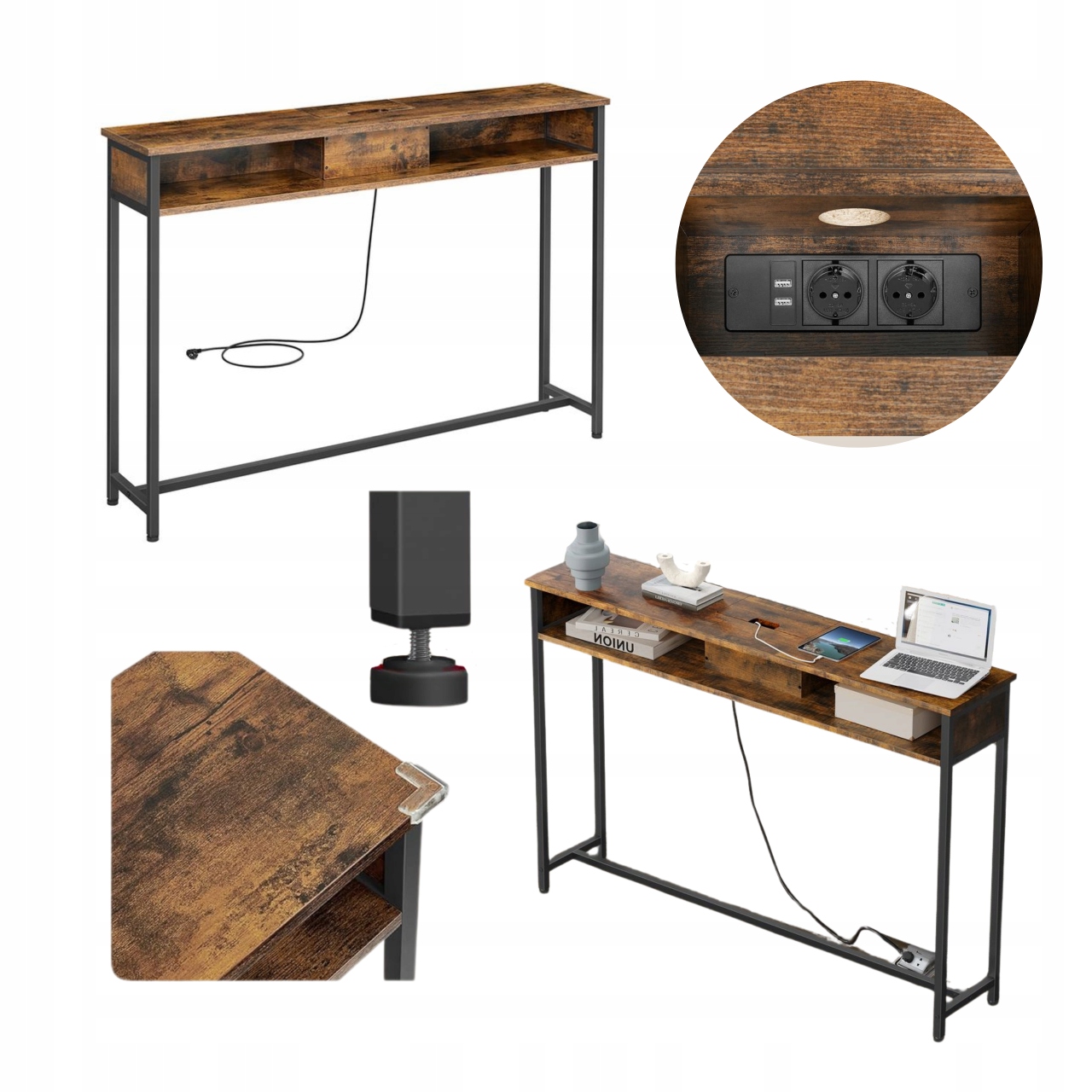 Konzola s zásuvkami 230V 2xUSB Úzky stolík 60 cm Kov Drevo Vasagle Loft