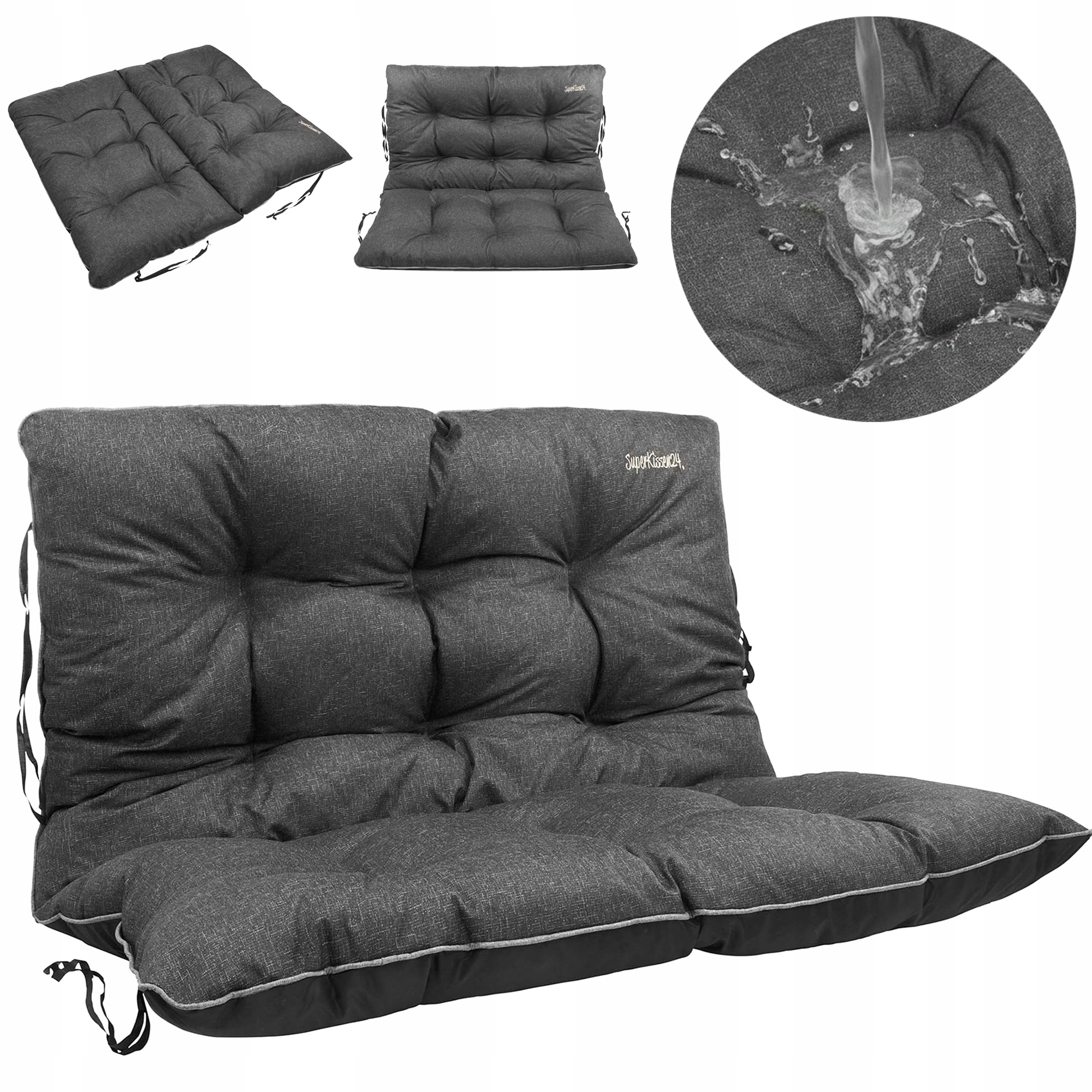 Polštář na zahradní houpačku měkký, Voděodolný 100x60x50 Černý Len