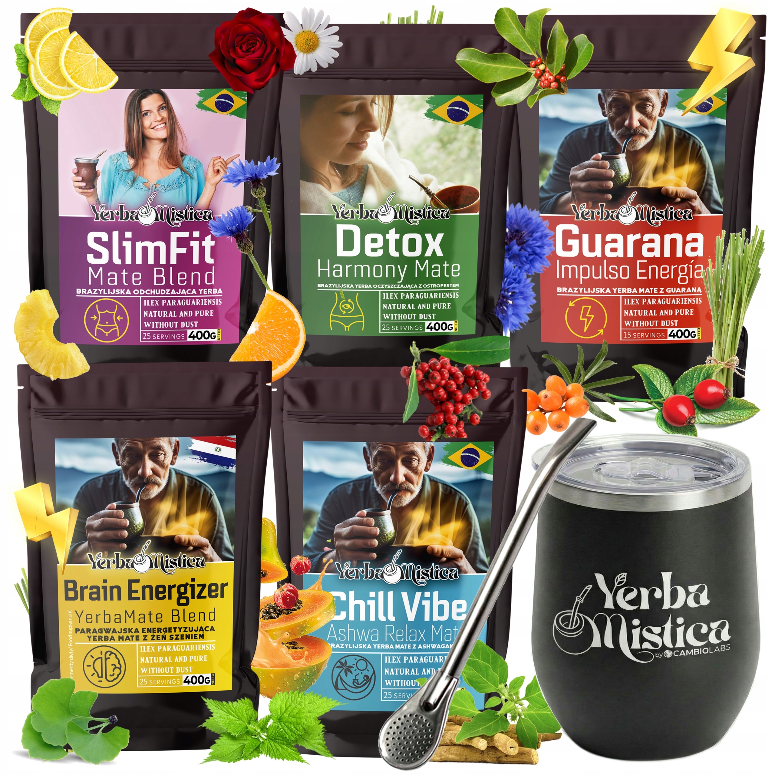 Yerba Mate Startovací sada 5 příchutí Matero Bombilla Guarana Detox Brazílie