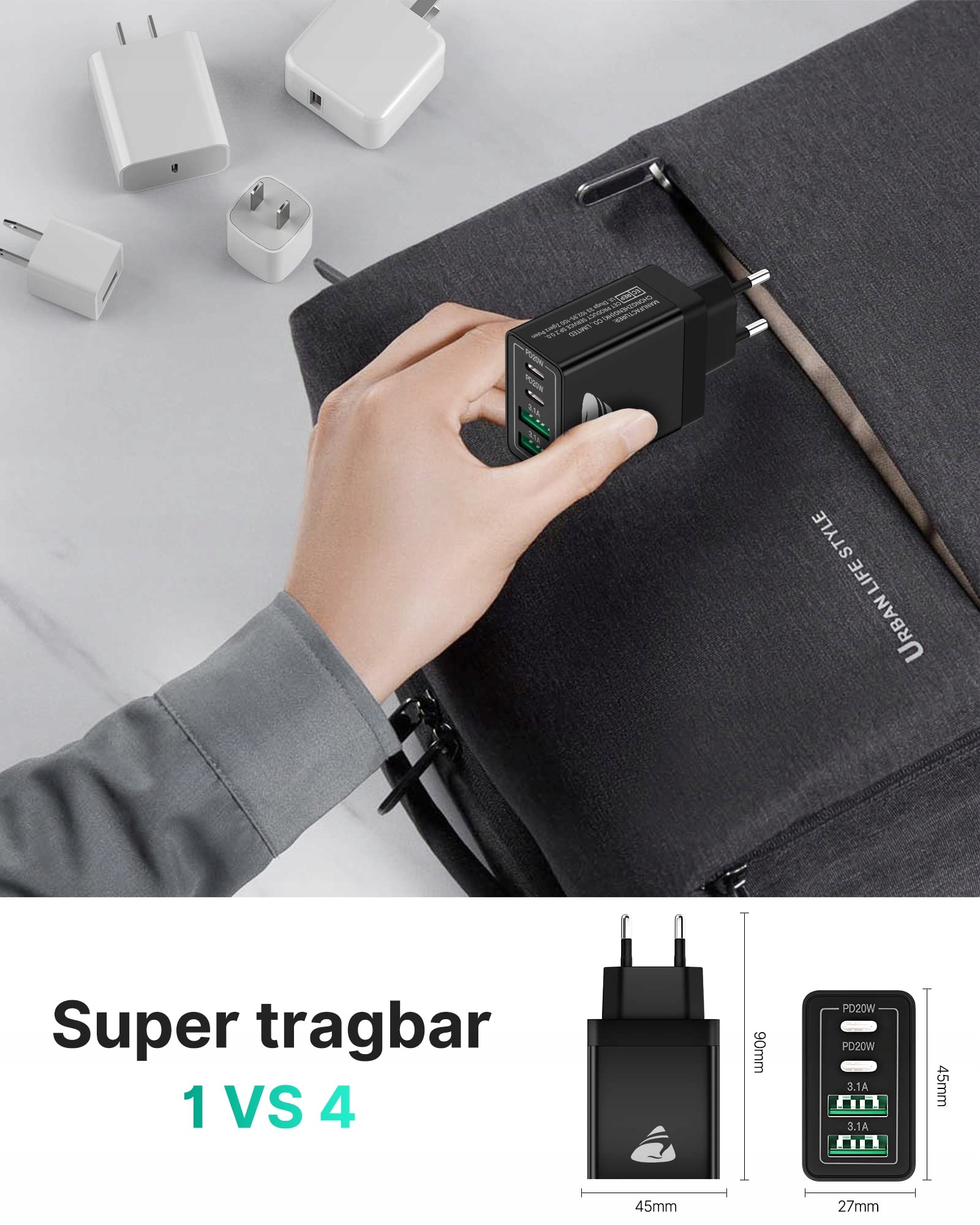 AIONEUS Ładowarka USB C 40W 4-Port Szybkie Ładowanie PD 3.0 Adapter — miniatura 7