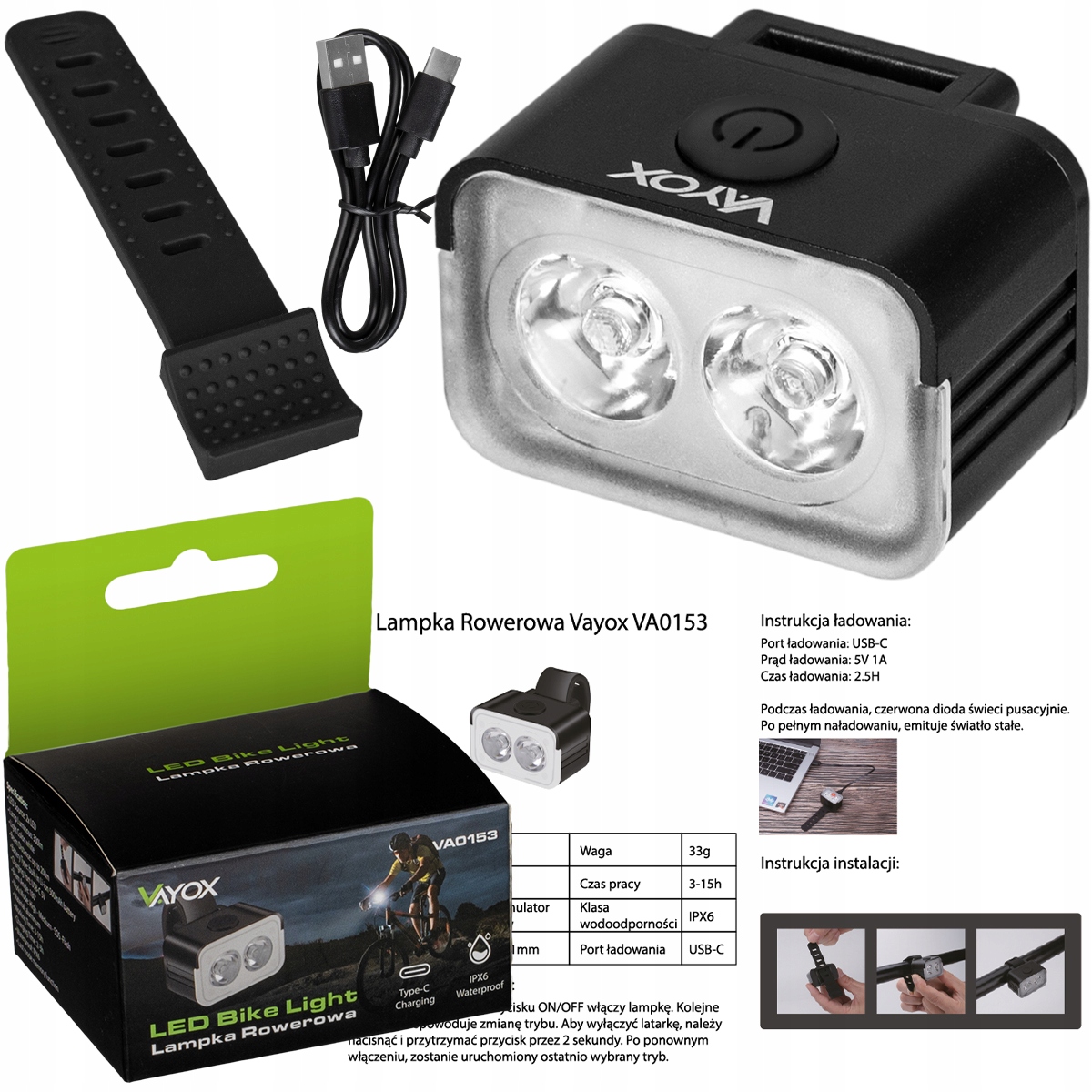 LAMPKA ROWEROWA PRZÓD NA KIEROWNICE ŚWIATŁO LED OŚWIETLENIE ROWER USB VAYOX Marka Vayox