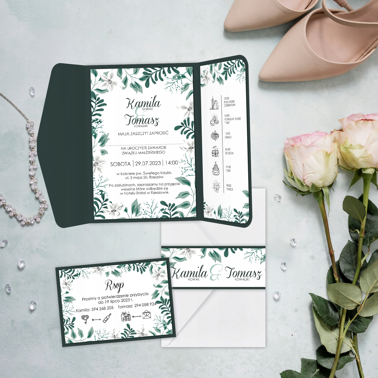 ZAPROSZENIE ŚLUB RSVP KOPERTA OPASKA C ZIELONE Z2 Marka Wyczaruj Prezent