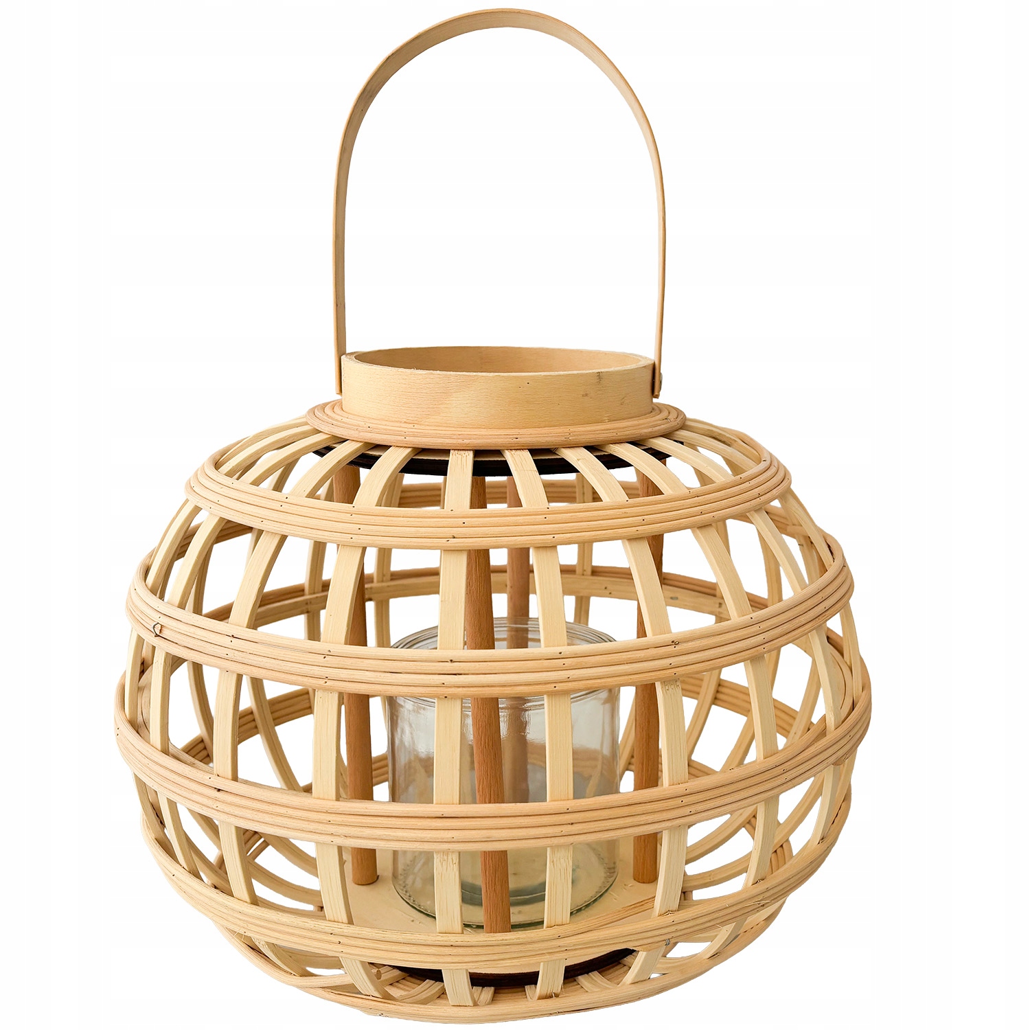 Lampion Dřevěný 28 cm Dekorace Lampa Boho skleněná objímka Přírodní Béžová