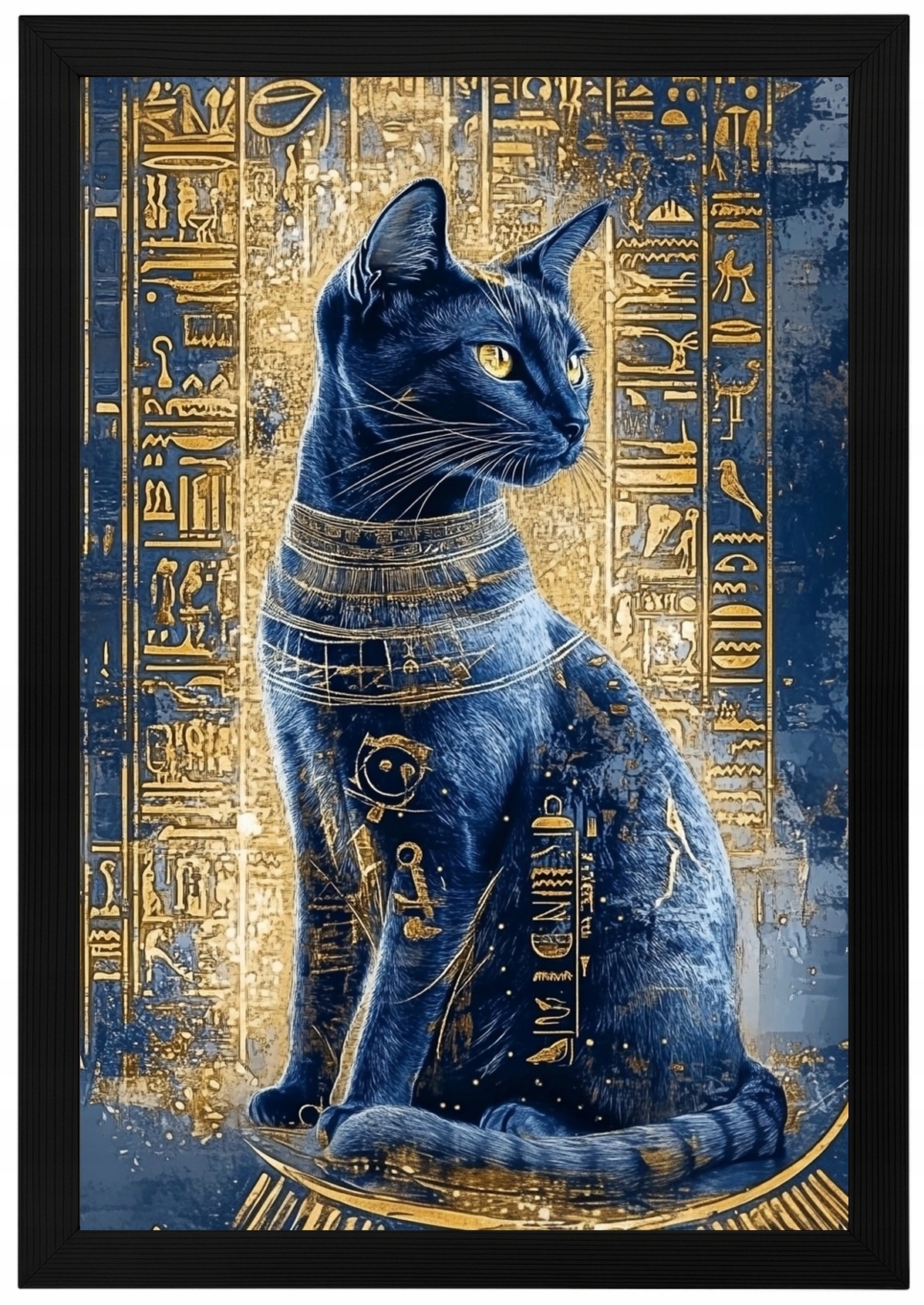 Plakát Rámeček Dřevo Egypt Hieroglyfy Bohyně Bastet Kočka Ankh 62x93