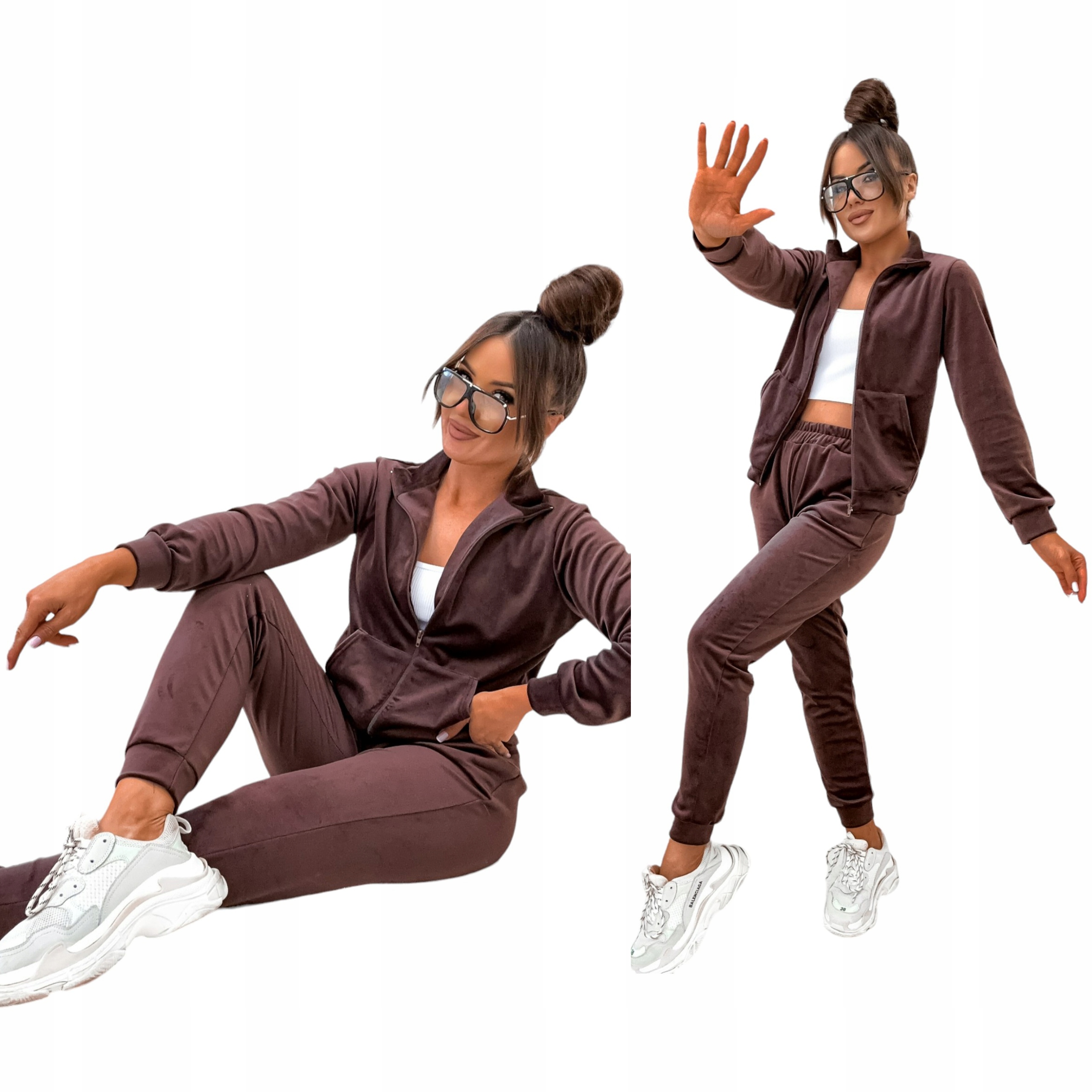 Dres Welurowy Damski Komplet Rozpinany Czekoladowy Bluza Spodnie Modny S/m