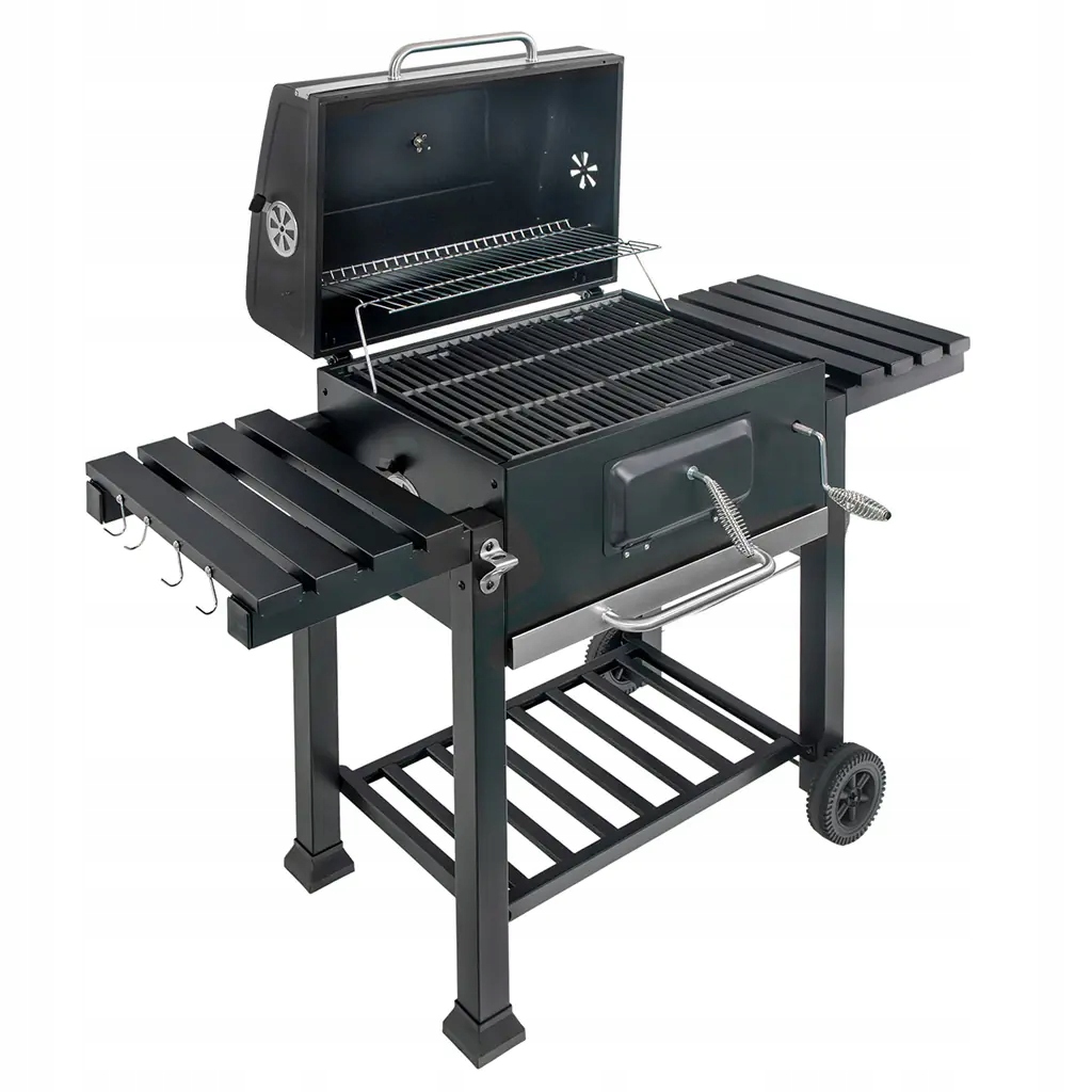 Grill Węglowy Ogrodowy Żeliwny Ruszt 2 Stoliki Boczne Popielnik Termometr