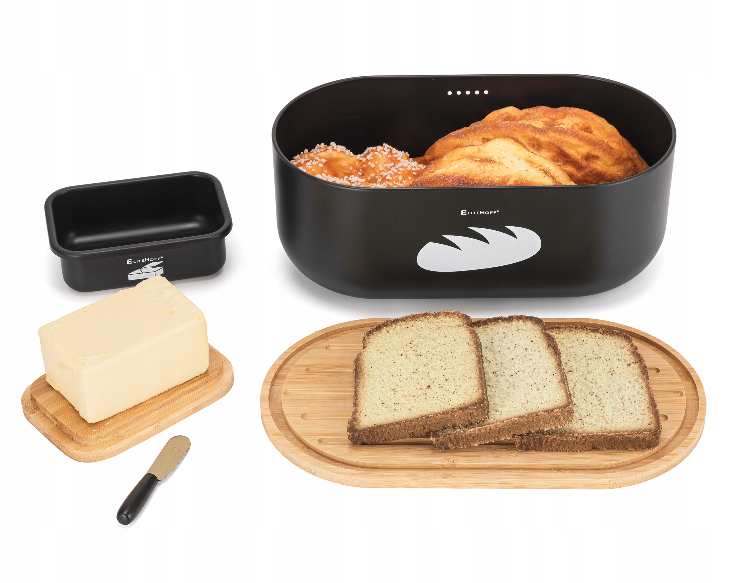 CHLEBAK BAMBUSOWY CZARNY Z MASELNICZKĄ + NOŻYK DO MASŁA DESKA DO KROJENIA Marka bez marki