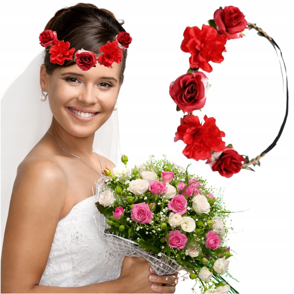 

Wianek Na Głowę Czerwone Kwiaty Ślubny Panieński
