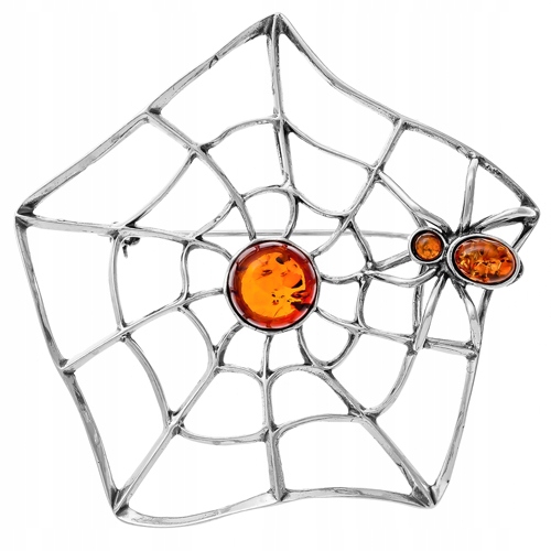 Stříbrná Pavučina velká brož Pavouk s přírodním Jantarem stříbro 925