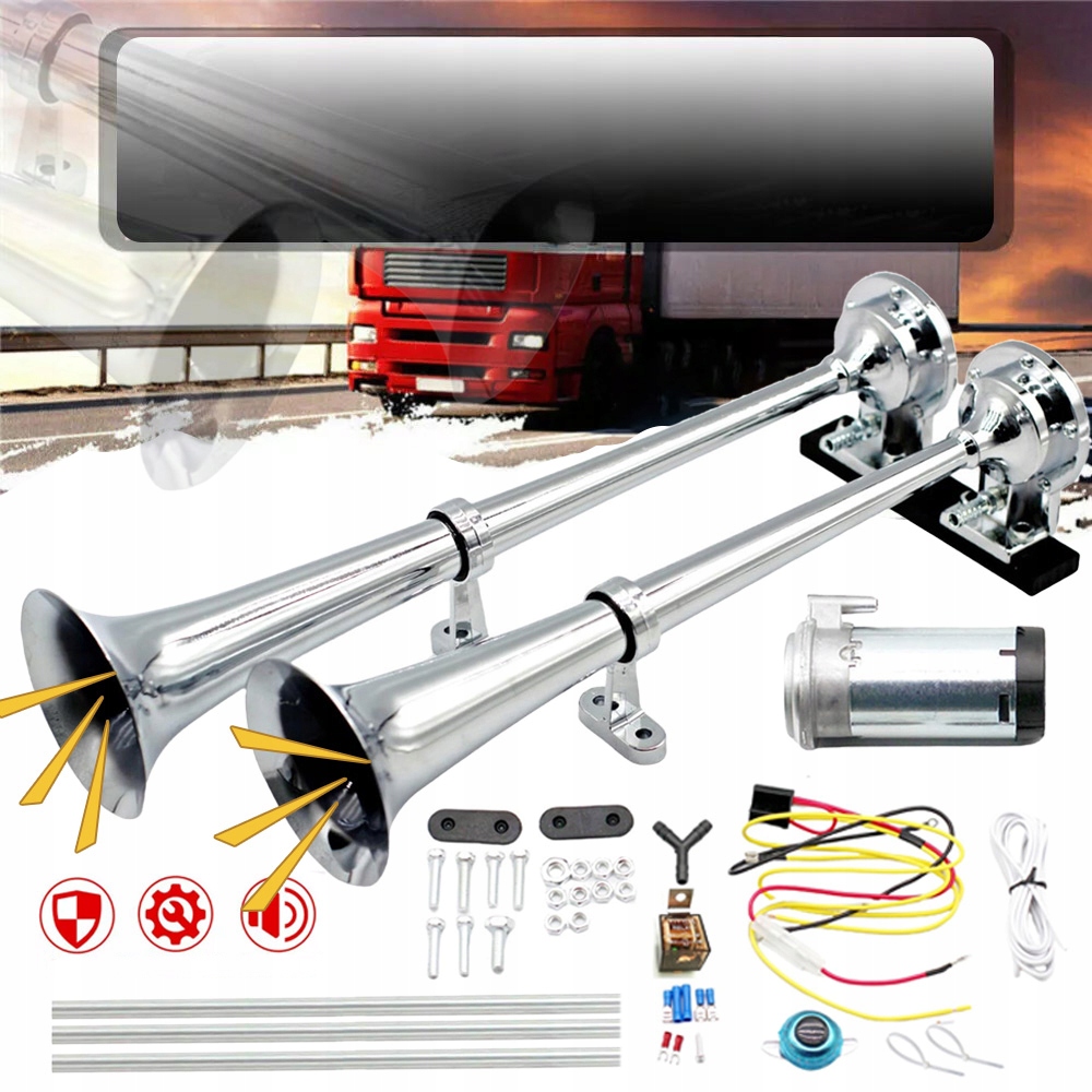 Klakson Tir Trubka Kompresor 12V 17 palců Hlasitý Pneumatický 600dB Chrom