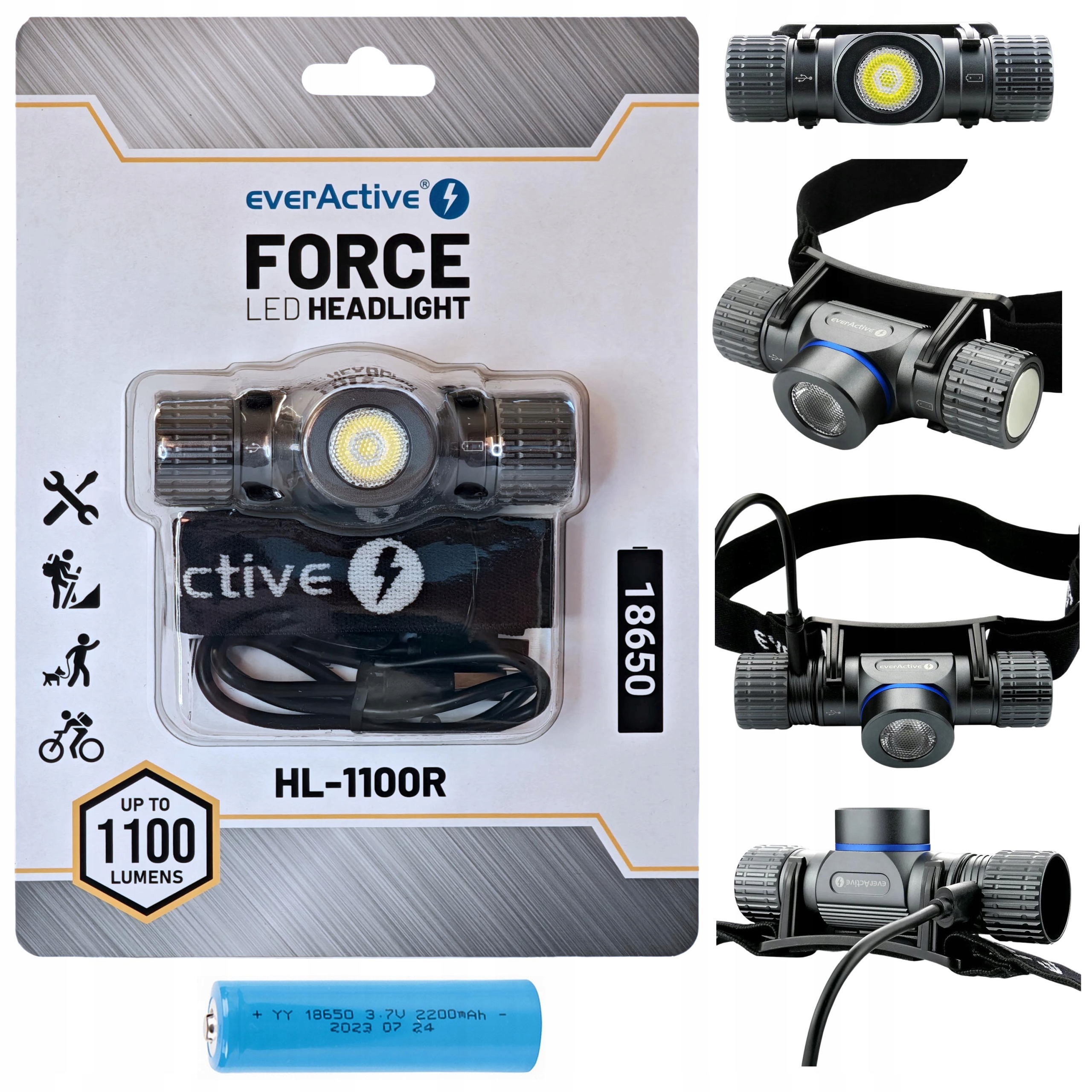 Latarka сzołowa czołówka 1100lm everActive HL-1100R Usb-c 18650 w zestawie