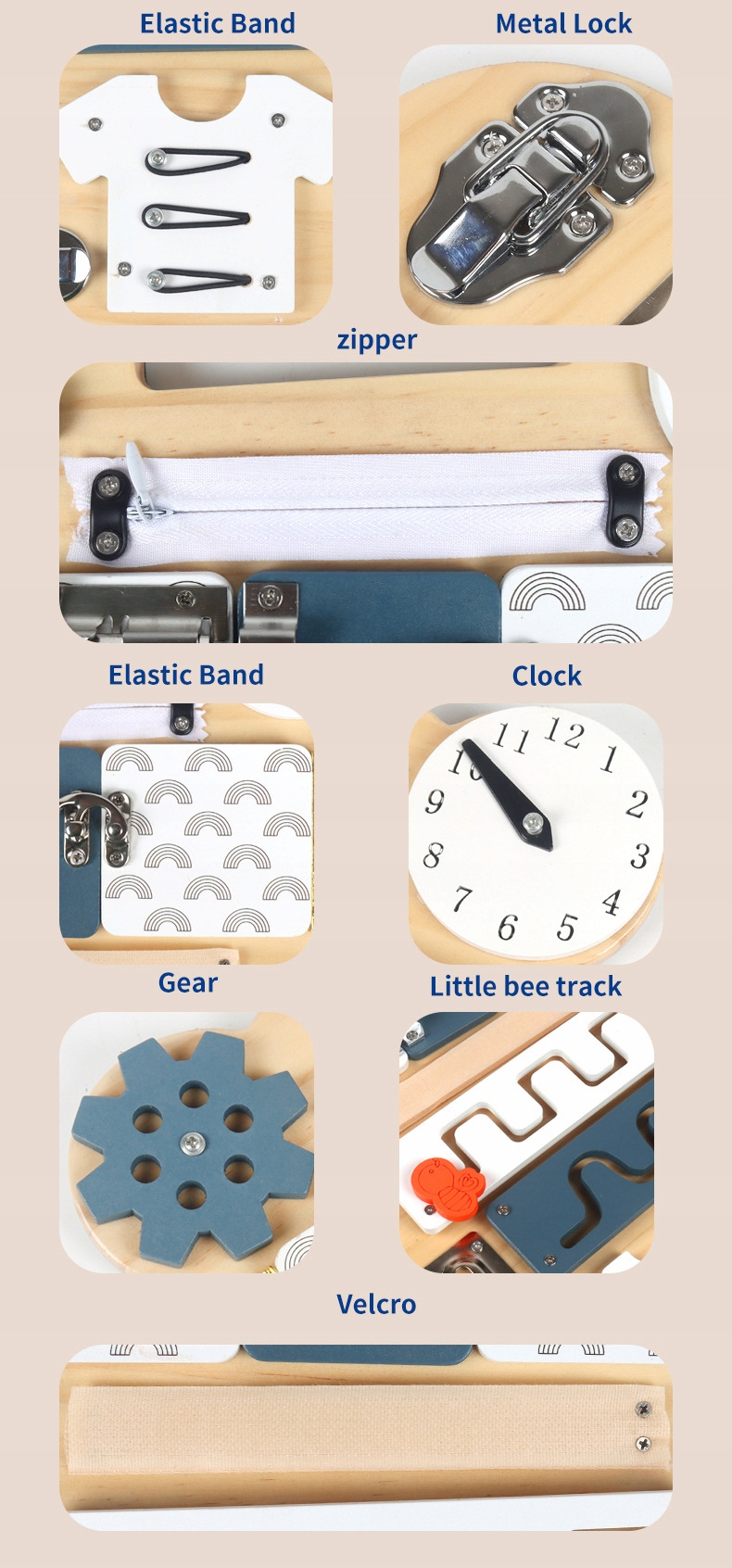 TABLICA SENSORYCZNA MANIPULACYJNA MONTESSORI BOARD 14 elementów DWUSTRONNA Wiek dziecka 3 lata +