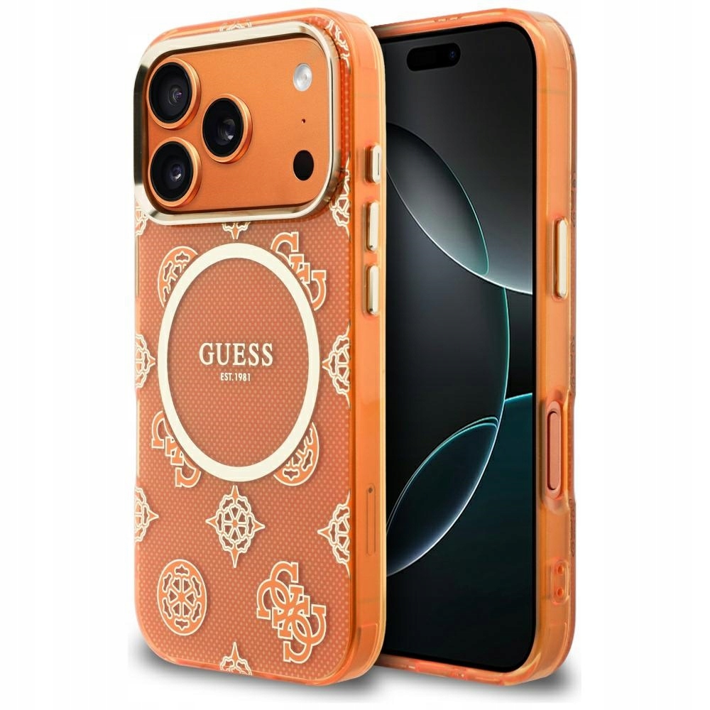 Pouzdro Guess IML Peony Dot MagSafe pro iPhone 17 Pro, oranžové