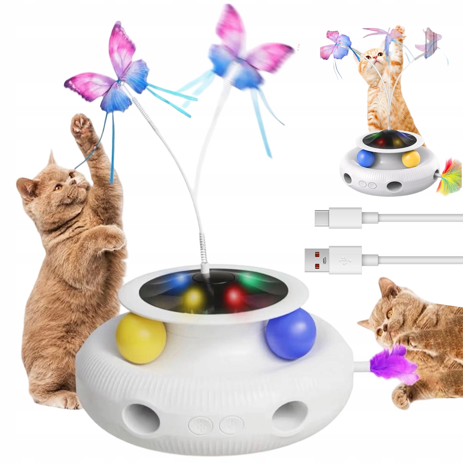 Levně Interaktivní Hračka Pro Kočky 4V1 Pohyblivé Pírko Šlehající Motýl Míčky