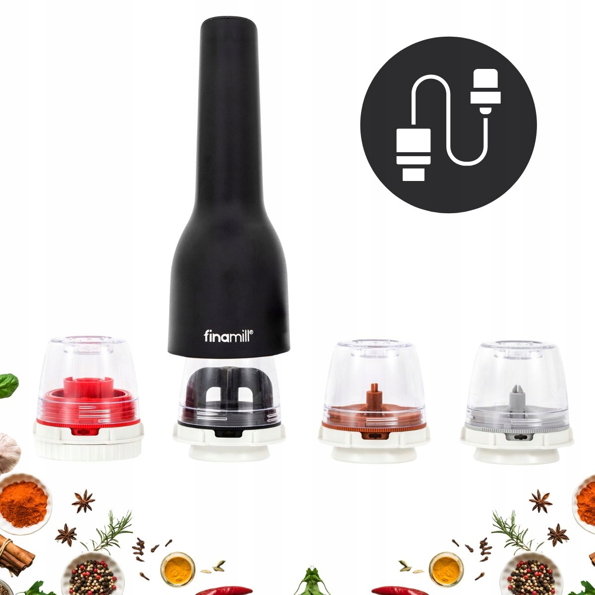 Elektryczny młynek do soli i pieprzu FinaMill Bbq Usb czarny