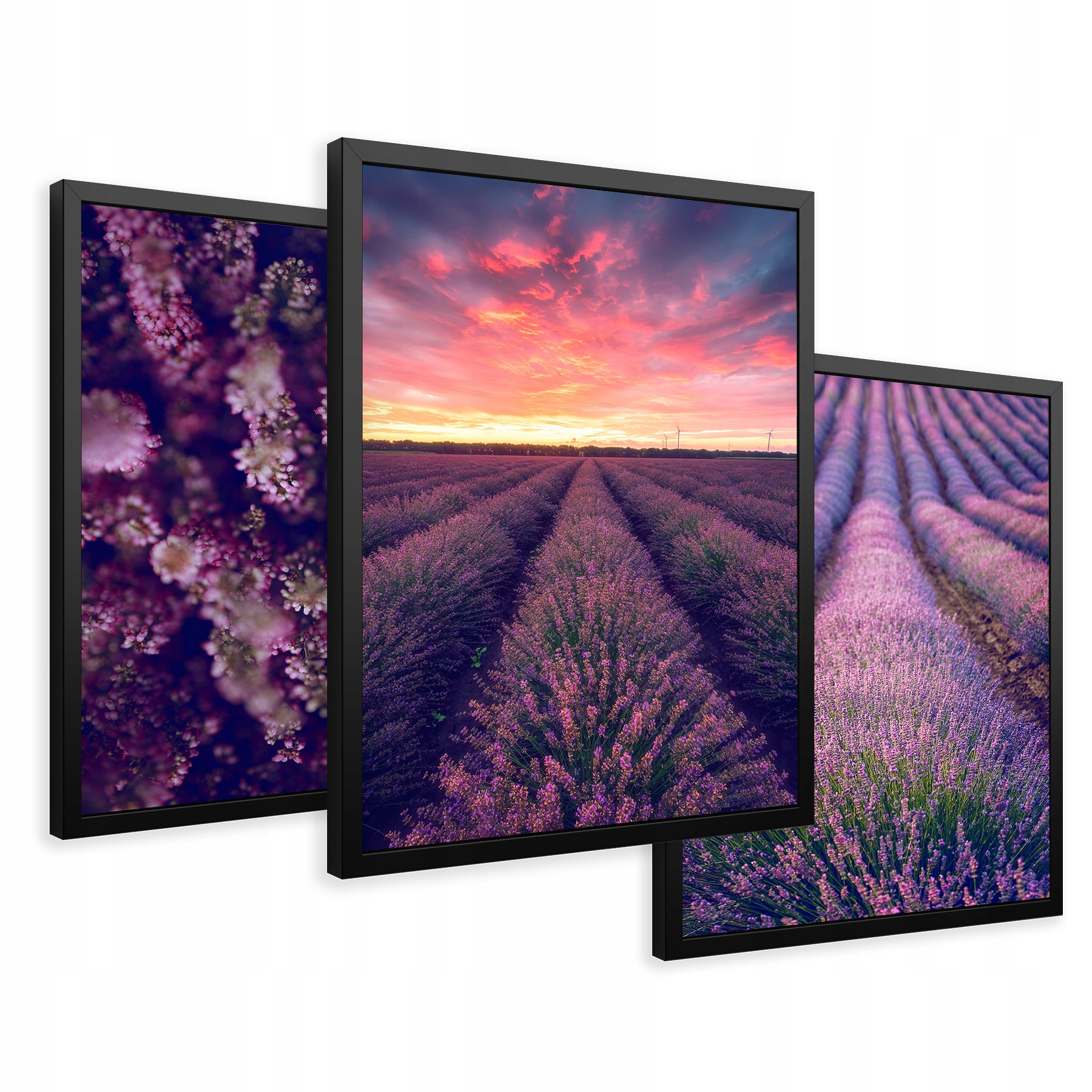 Zestaw Obrazy w ramie plakaty wrzosy lawenda zachód tryptyk 43x99