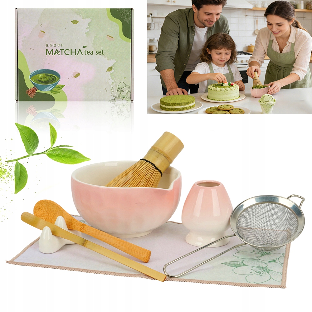 7dílná japonská sada na matcha čaj s bambusovou metličkou (gradientová růžová)
