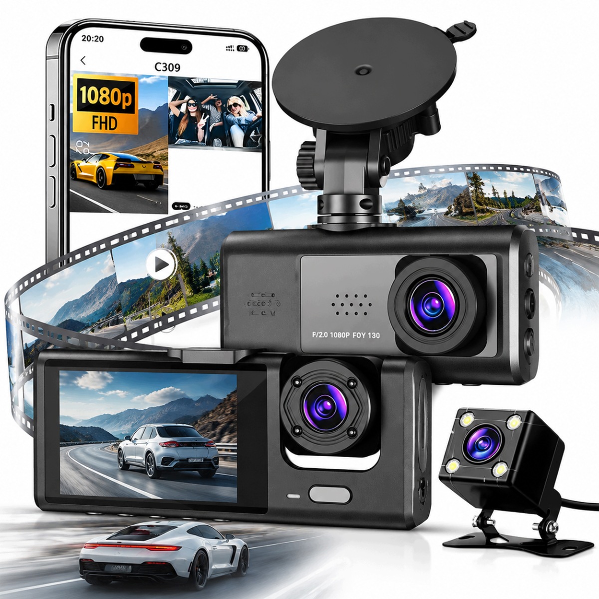 Wideorejestrator Kamera Samochodowa 3w1 Przód Wnętrze Tył WiFi Full Hd