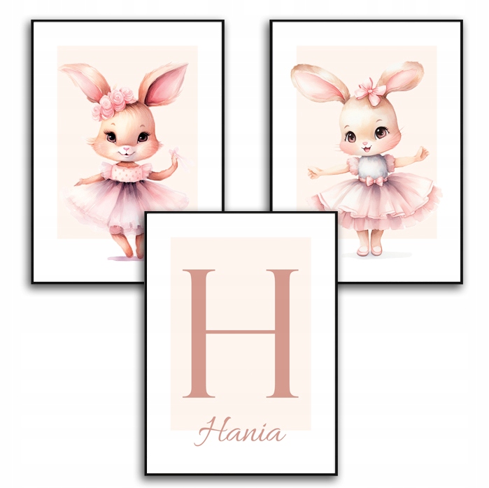 A3 OBRAZKI PLAKATY ZESTAW DO POKOJU DZIECIĘCEGO DZIEWCZYNKI KRÓLIKI 3 SZT