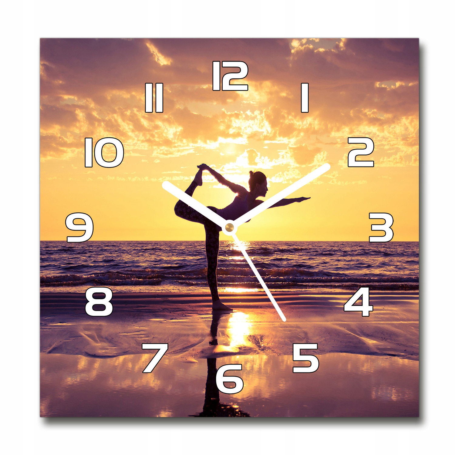 

Cichy ścienny szklany zegar Joga na plaży 30x30 cm