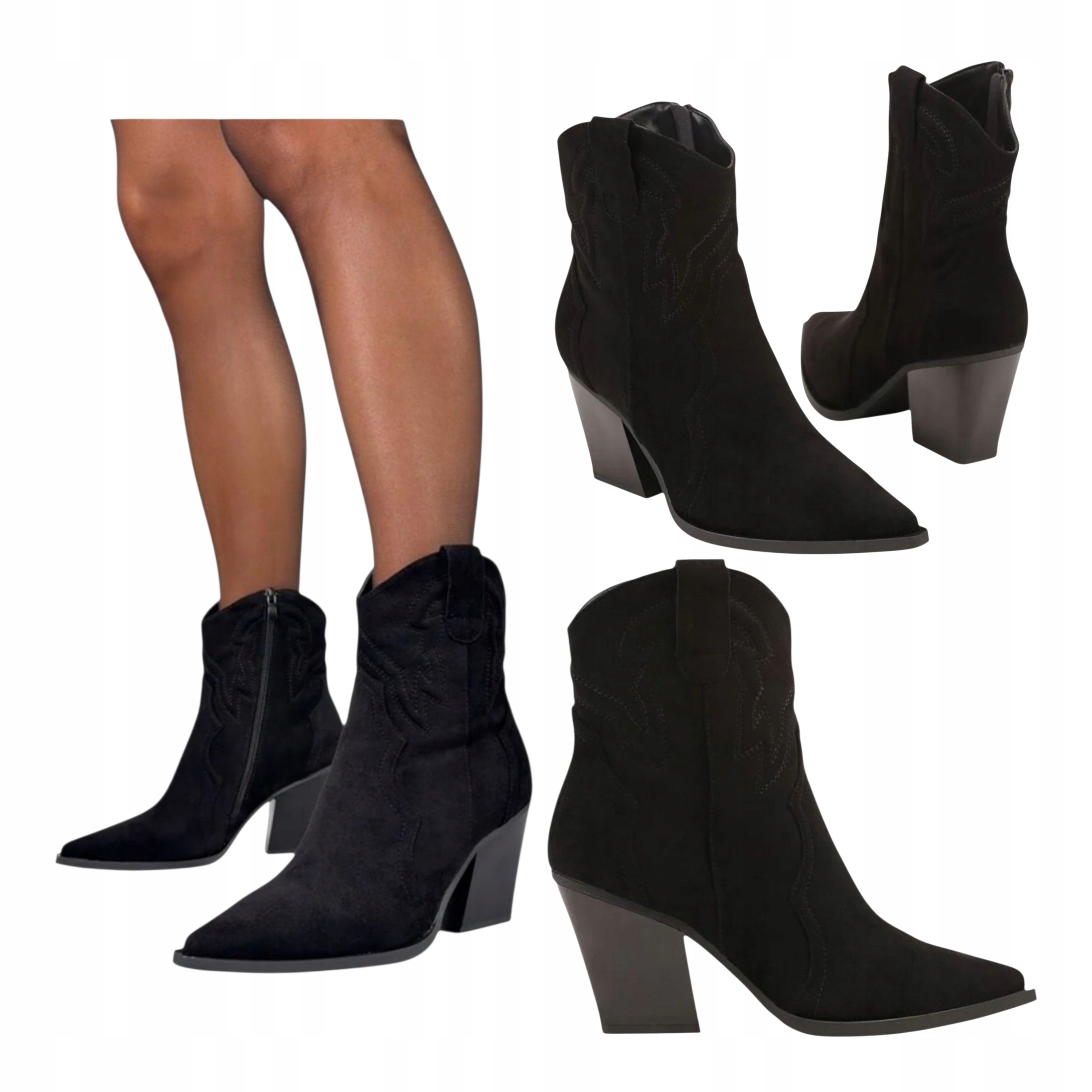 Dámské Kotníkové Boty na podpatku Klasické Kovbojské Boty Kožené Semišové Černé vel. 36