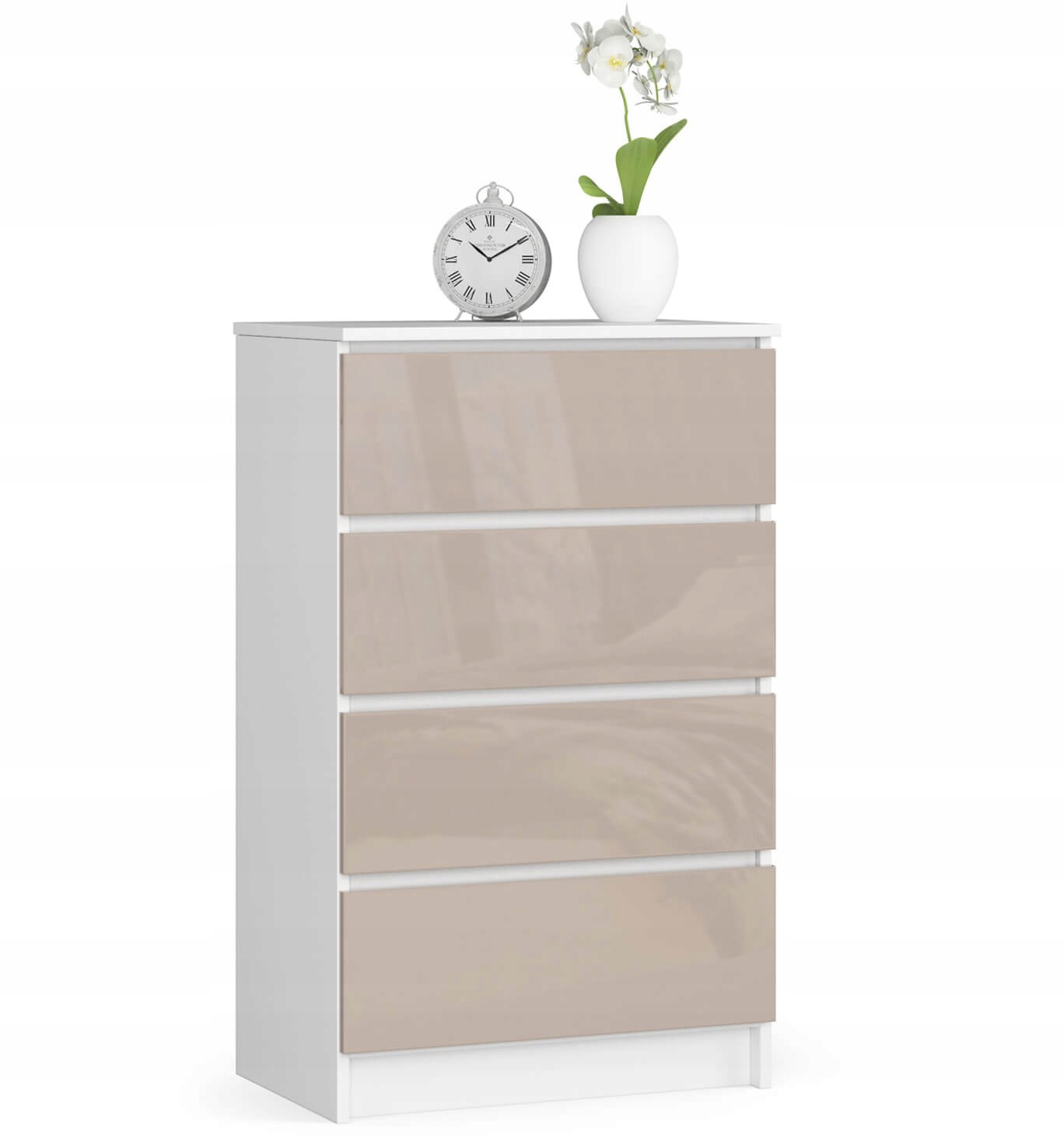 Komoda salon klasyczna 60 cm 4 szuflady bezuchwytowa Biała Cappucino Połysk