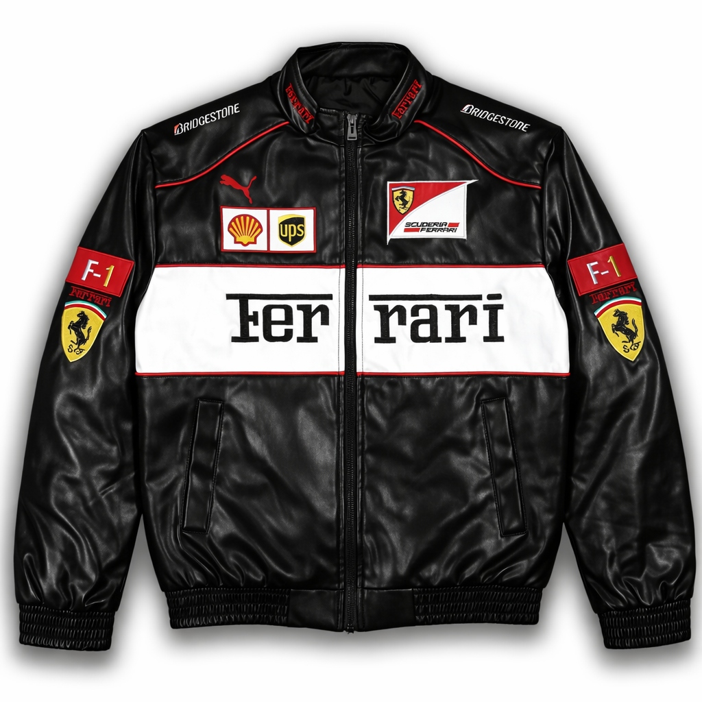 Bunda Ferrari F1 kožená racing černobílá bomber M