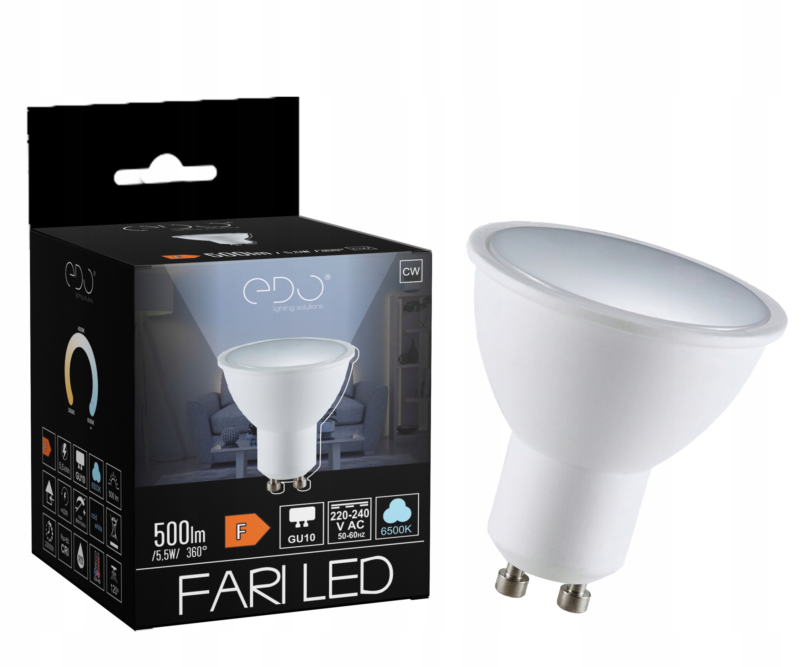 

Żarówka Led GU10 5,5W 6500K zimna 120' 500lm Edo