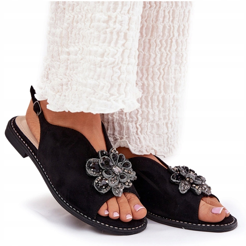 Dámské Ploché Sandály S Eko Semišovou Ozdobou S.barski KV27-001 Černé 37