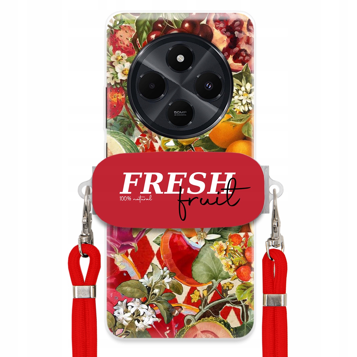 Pouzdro pro Xiaomi Redmi 14C 4G Červené Crossbody vodítko Držák Fresh Fruit
