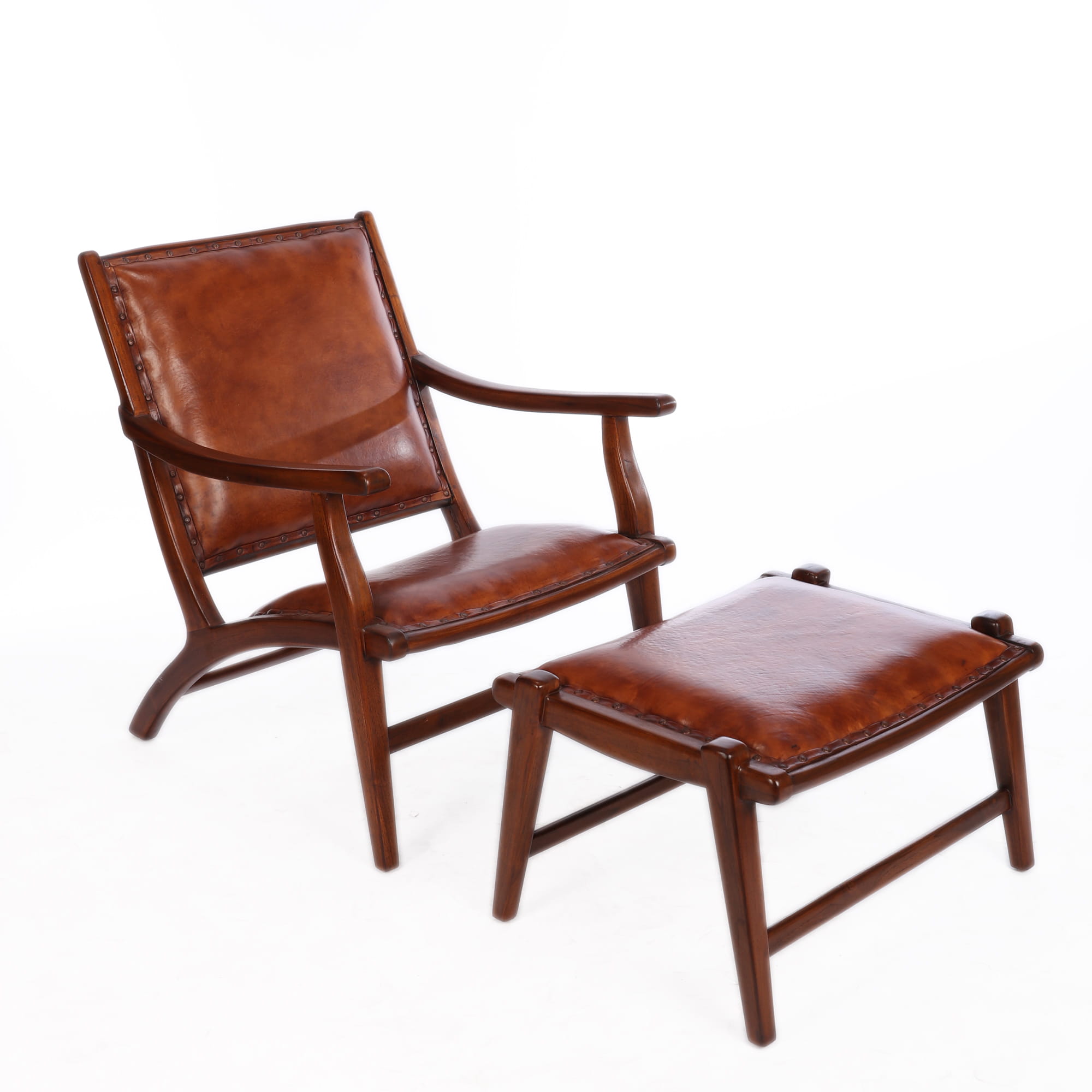 Fotel W Stylu Retro Z Podnóżkiem Skóra Drewniany