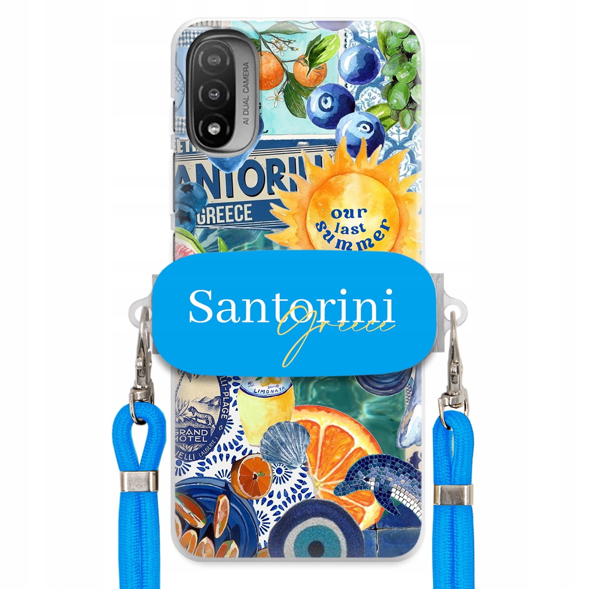 Puzdro pre Motorola E20 Modré Crossbody vodítko držiak Santorini Sea Vibes