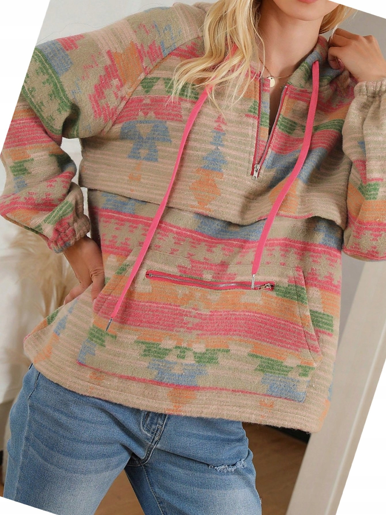 Oversize Mikina S Kapucí (klokanka) Geometrický motiv M 38