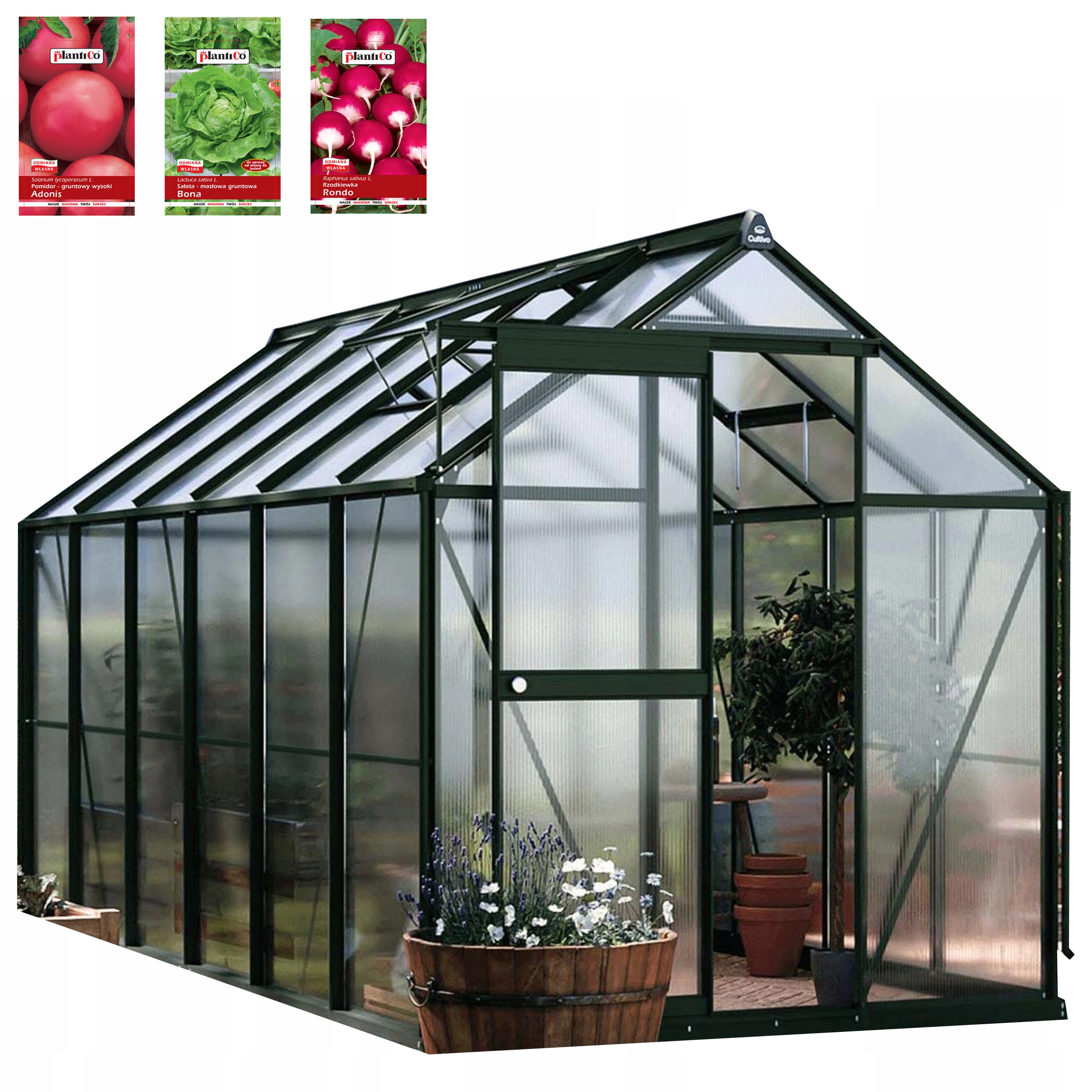 Zahradní skleník z polykarbonátu 4x2 Slide-In, robustní, 361x183 cm, 2x4, zelený