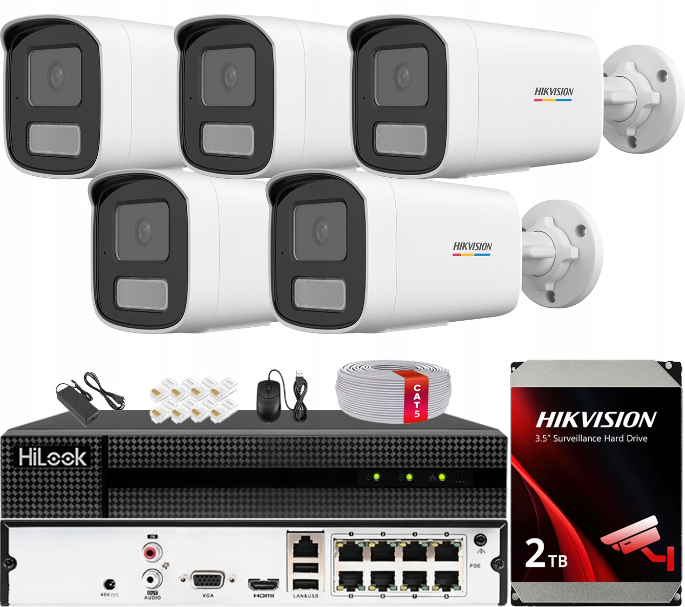 Monitorovací sada 5 kamer DS-2CD1T47G2H-LIU 4MP hybridní světlo Hikvision 2TB