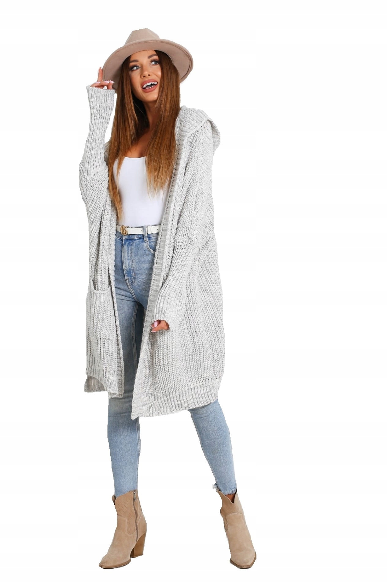

Kardigan z kapturem oversize jasny szary Tmc Moda