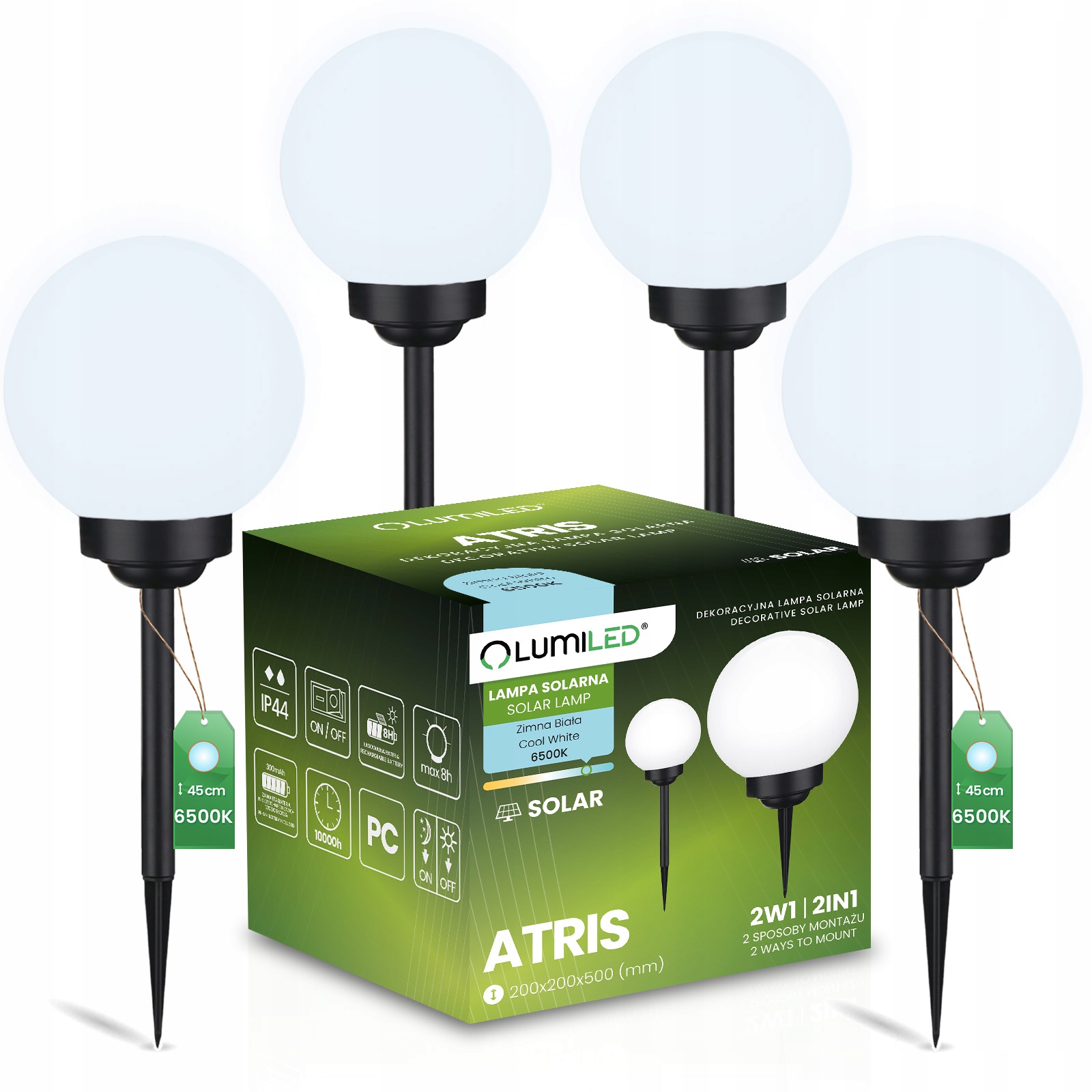 4x Lampa Ogrodowa Kula Solarna Led 20CM Wbijana Naziemna Ozdobna Kulka