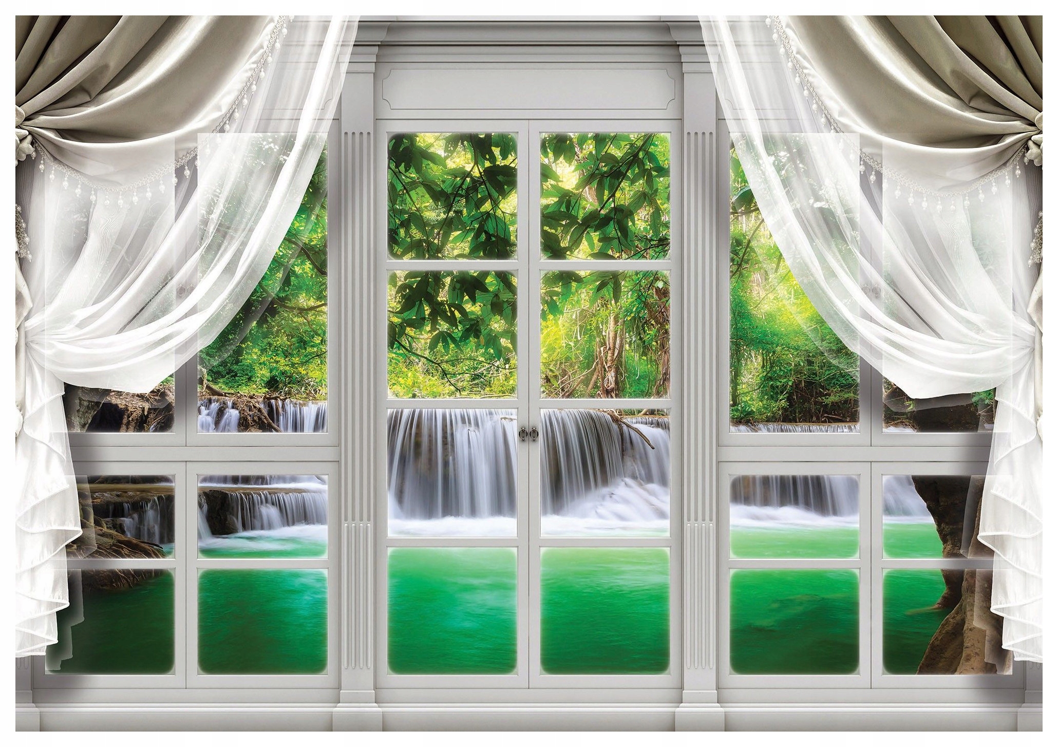 Fototapeta flizelina Okno na tropický vodopád s bílým rámem 368x254 lepidlo