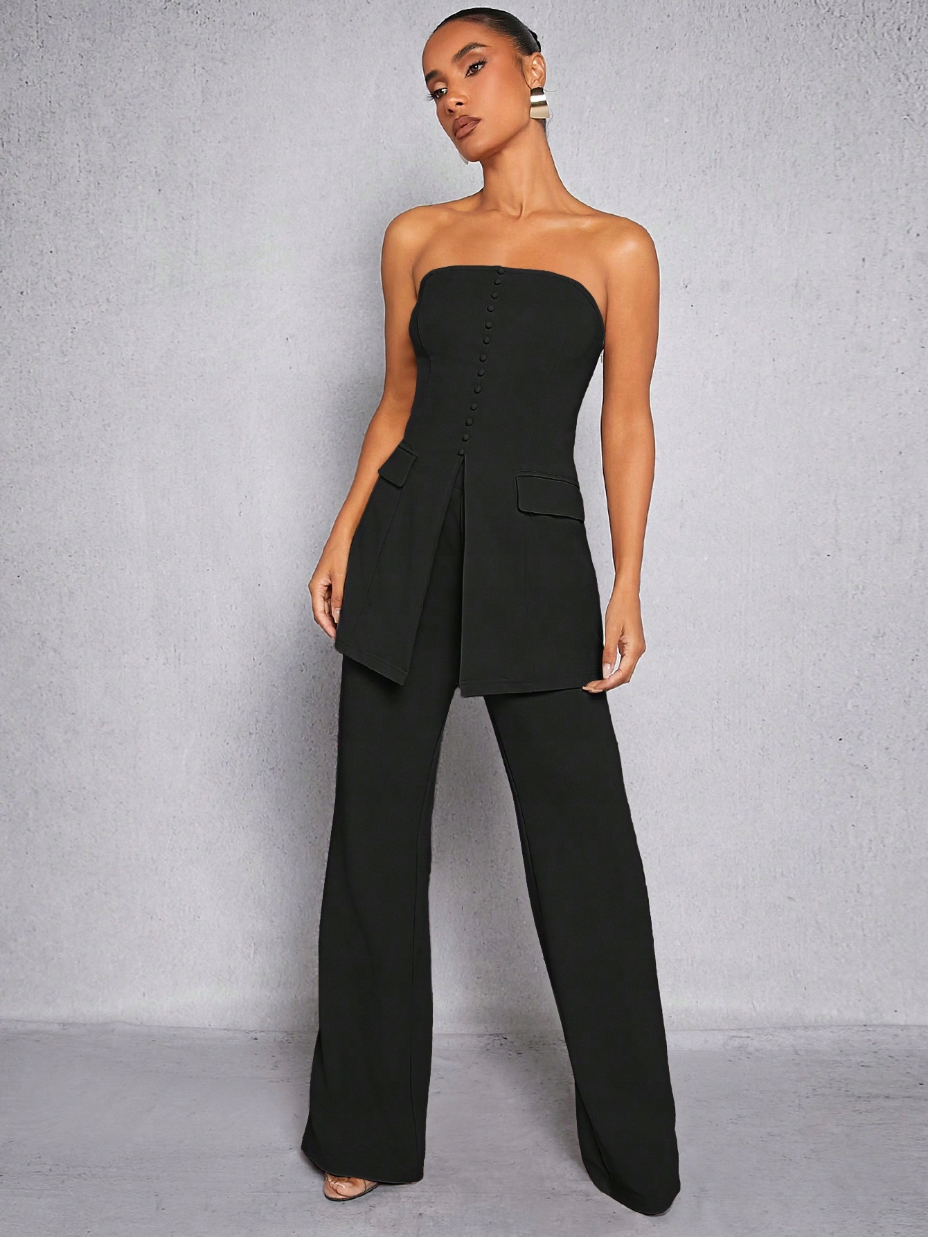 Dámský Komplet, Elegantní Černá Halenka, Odhalená Ramena, Kalhoty Shein Xs 34