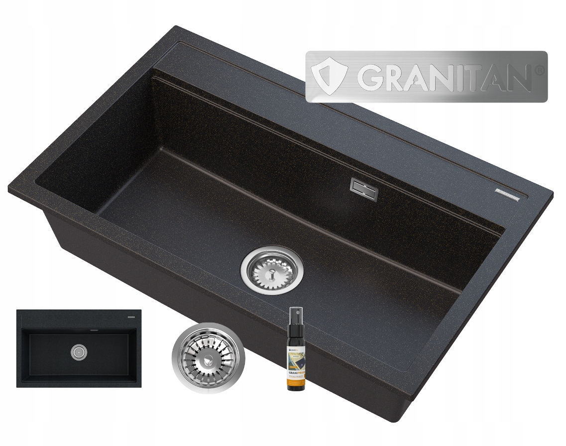 Granitový Drez Veľká Komora Čierna Zlaté Čiastočky Sifón Chrom Asti