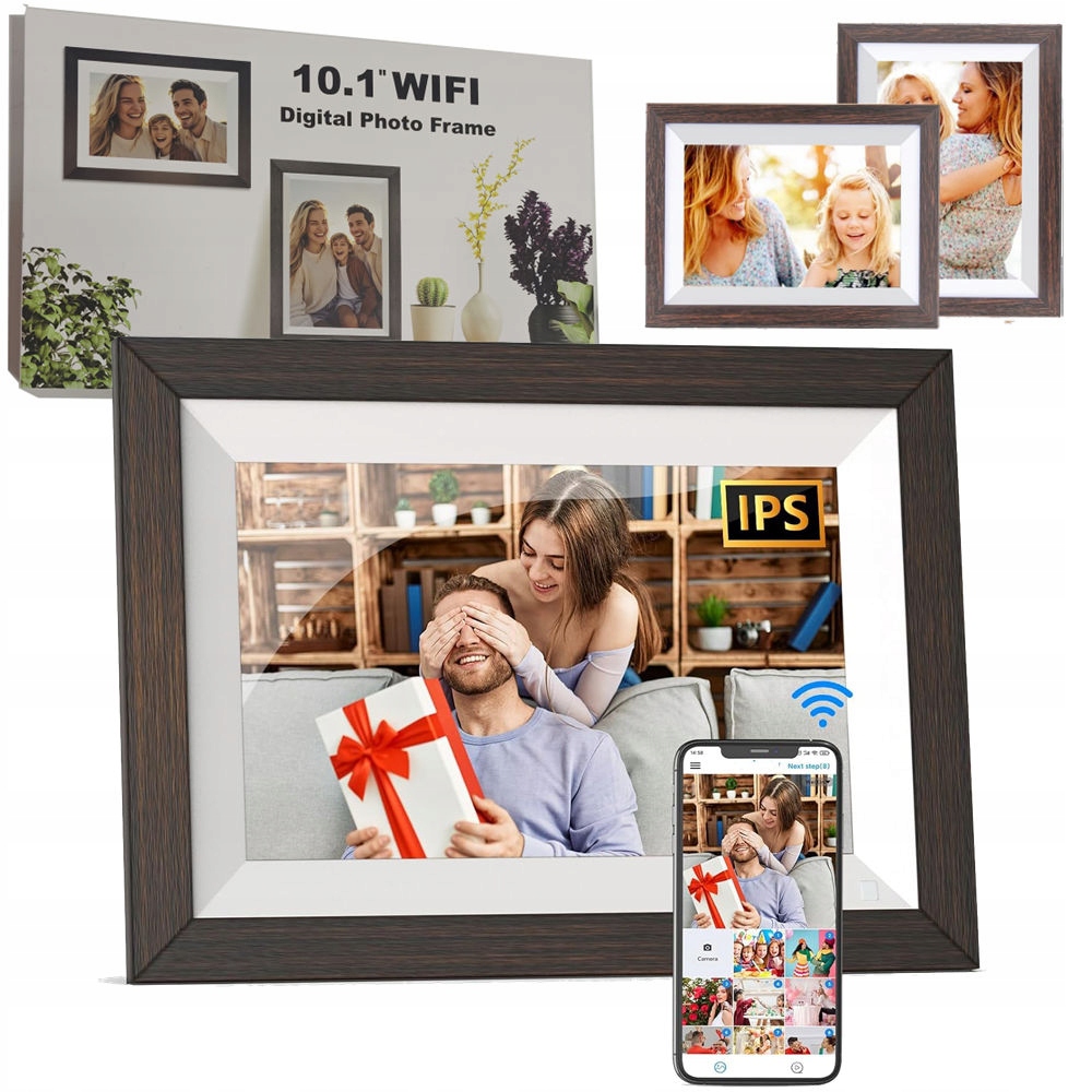 Rámeček Digitální 10.1" Na Fotografie Fotorámeček Hudba Filmy Wifi Frameo Dřevěný