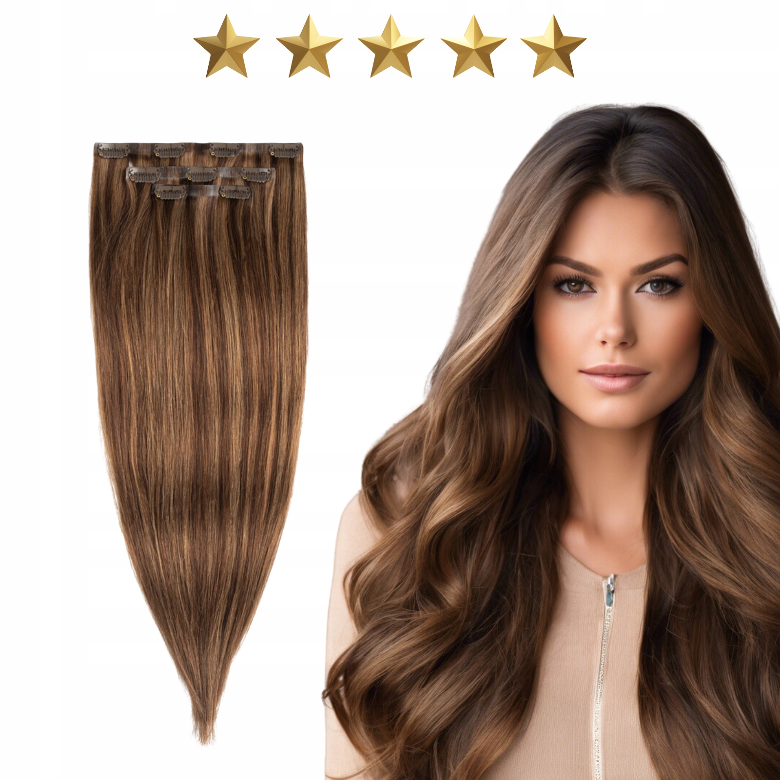 Wlosy na spinkach doczepiane bezszwowe naturalne 50cm 60g #4/8 brąz pasemka