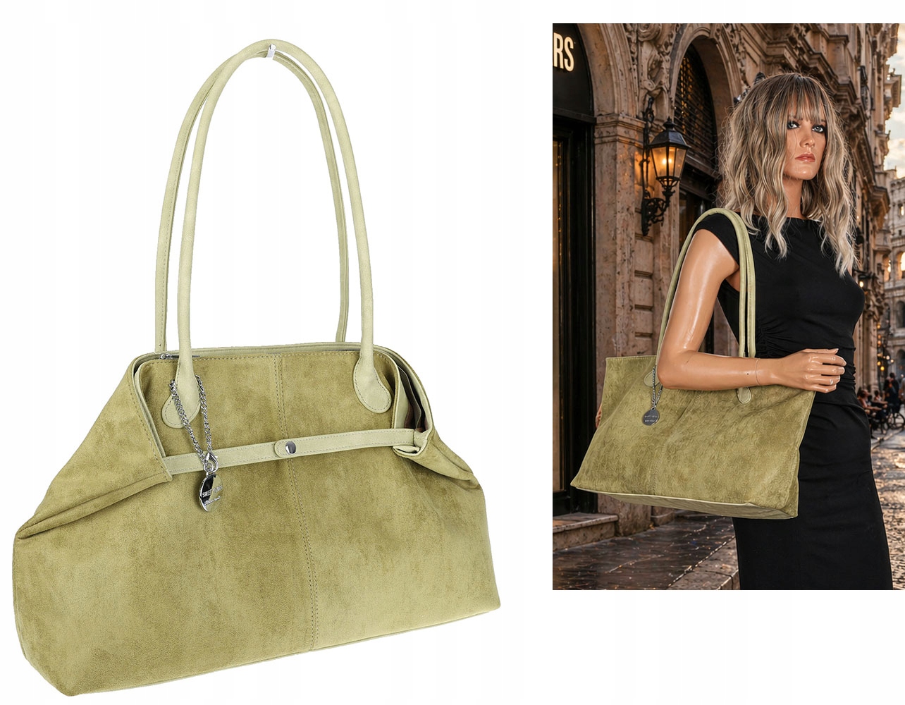 Dámská semišová kabelka shopper 2v1 elegantní lehká taška OS116 Zelená