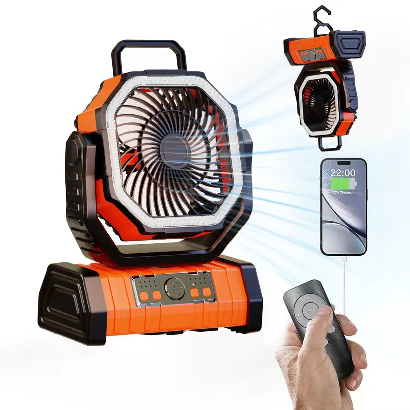 Akumulátorový ventilátor 20000 mAh Led Otočný háčik Diaľkový Ovládač Turistický