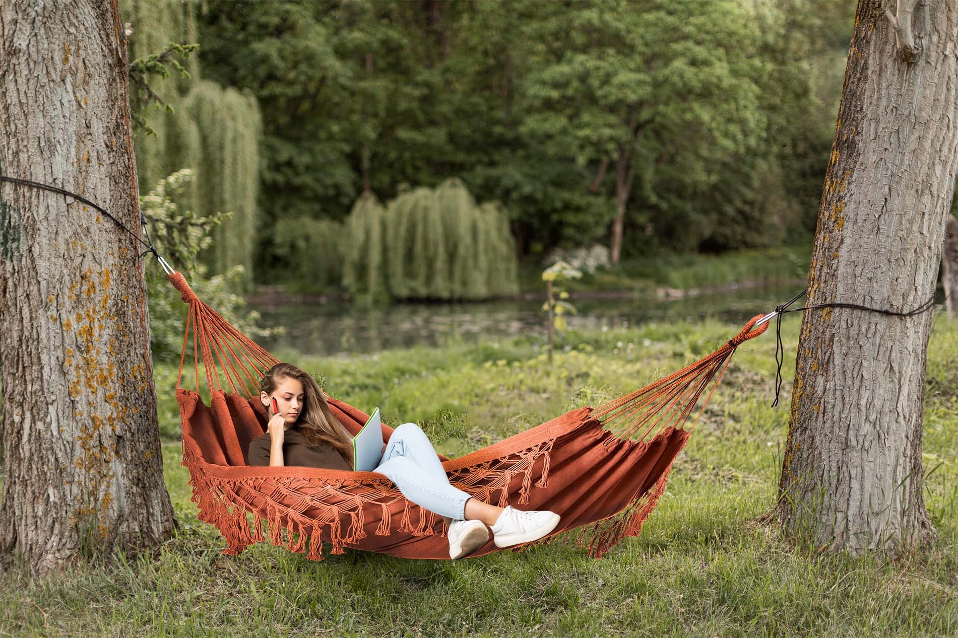 DUŻY DWUOSOBOWY MOCNY HAMAK OGRODOWY HUŚTAWKA MIDAS 150x200 XXL KARMELOWY Model MIDAS