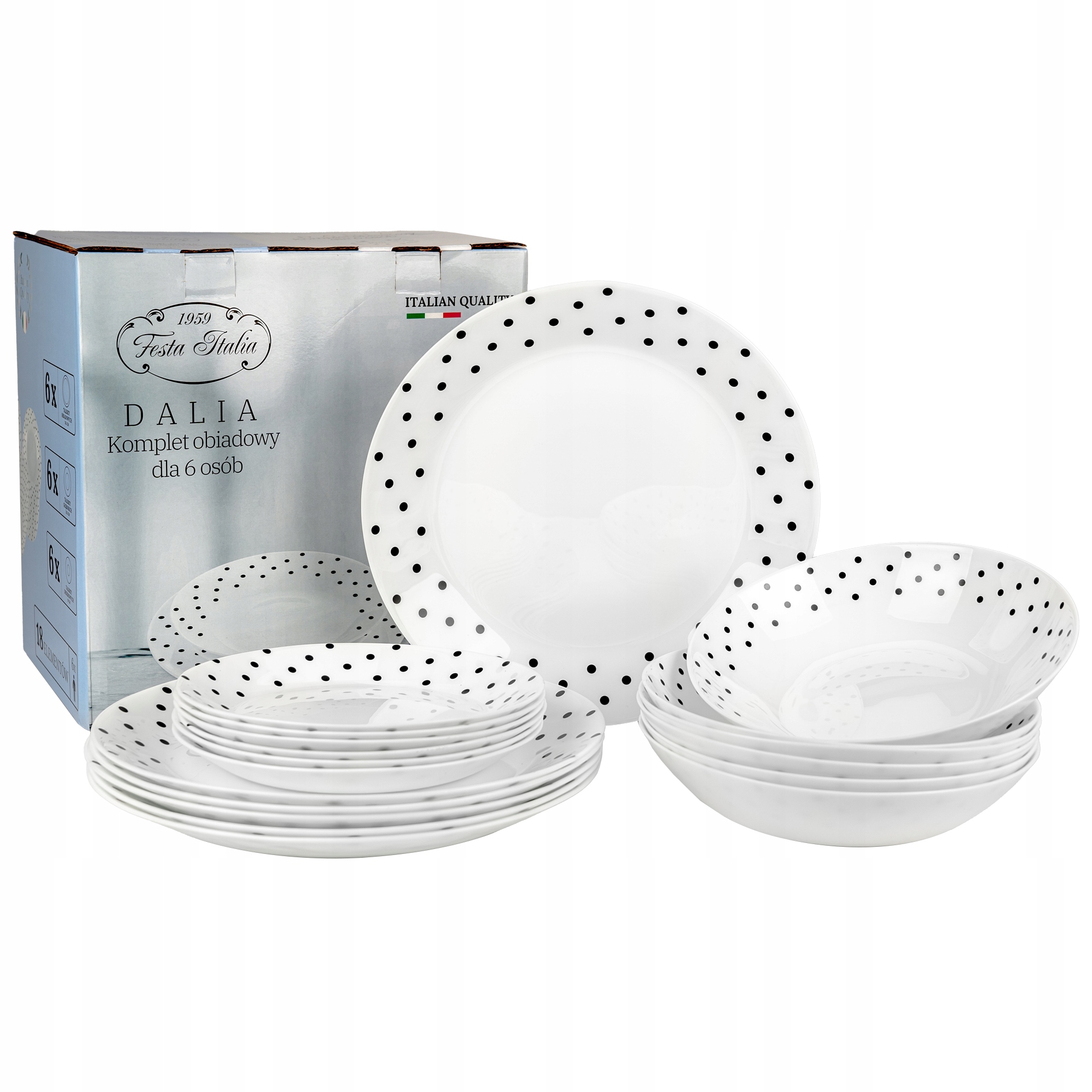 SERWIS OBIADOWY 18 ELEM DLA 6 OSÓB KPL TALERZY ZE ZDOBIENIEM W KROPKI SZKŁO