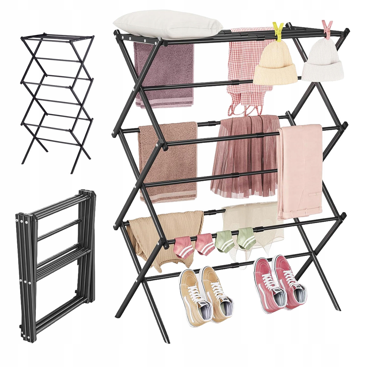 Levně Výsuvný Volně stojící sušička na prádlo Železný Přenosný S 11 Tyčemi Černý