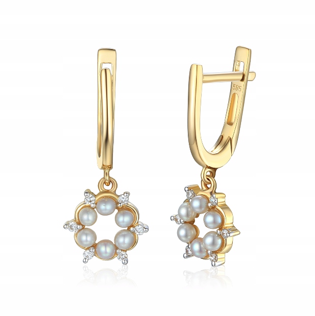

Złote Eleganckie Kolczyki Perły Diamenty pr 585