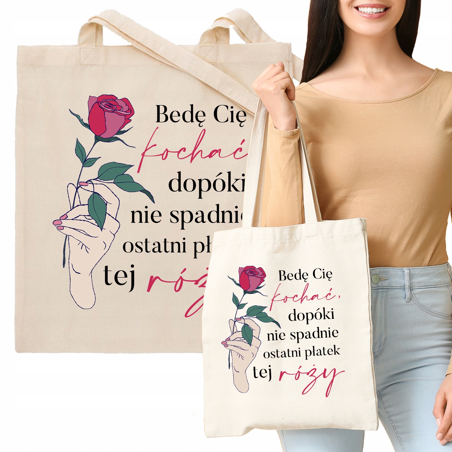 Torba Eko Beżowa Miłość OSTATNI PŁATEK RÓŻY Wzory