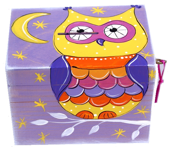 Dřevěná pokladnička klíčenka na dárek Sovy nápis